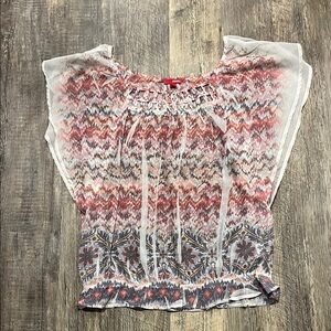 BONGO Women's Geometric Design Blouse in Red, White, and Blue Sheer